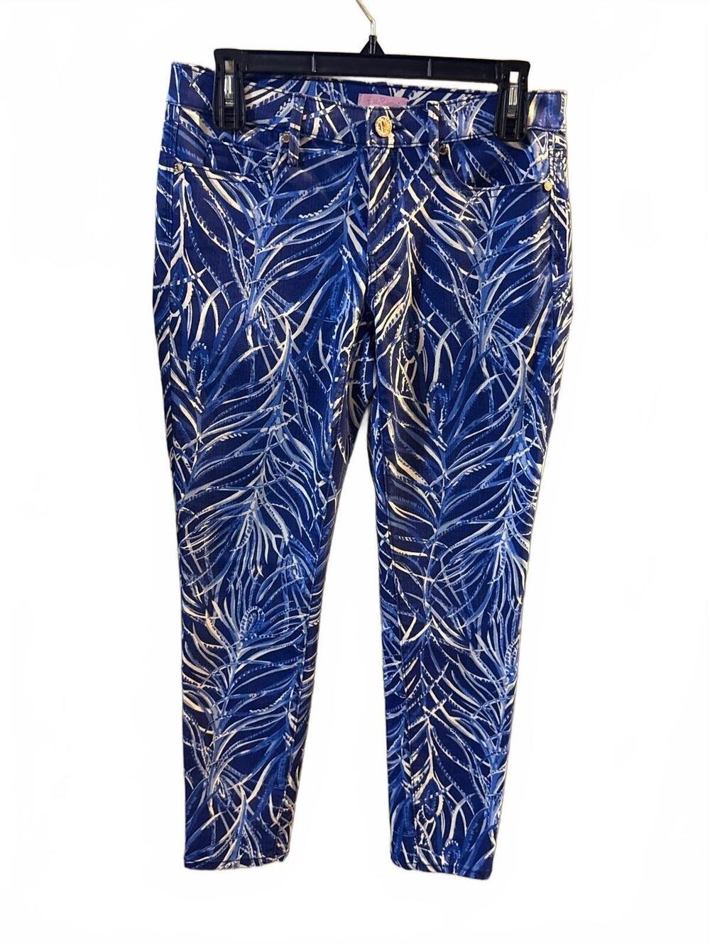 Lilly Pulitzer South Ocean Skinny Crop Pants 6 Twilight Blue Early Riser Palm